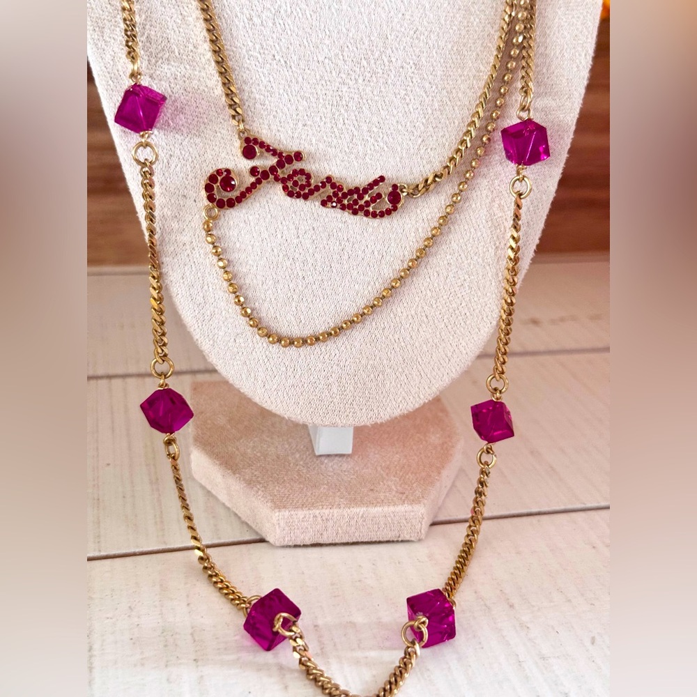 Fendi Gold w Pink Stones Necklace- Y2K